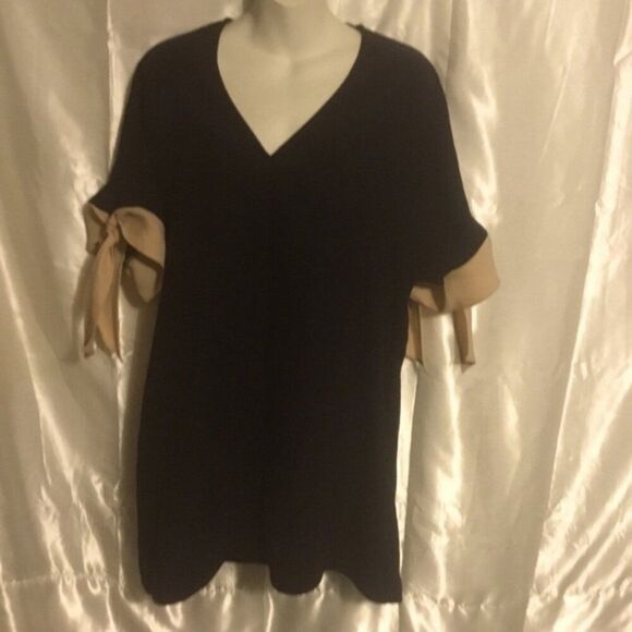 Zara Black Khaki Cream V Neck Bow Tie Short Sleeve Cuff Mini Dress S - Picture 2 of 5